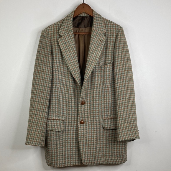 Vintage Harris Tweed Sport Coat Mens 42S Green Brown Houndstooth Wool 60s 70s - Picture 3 of 15